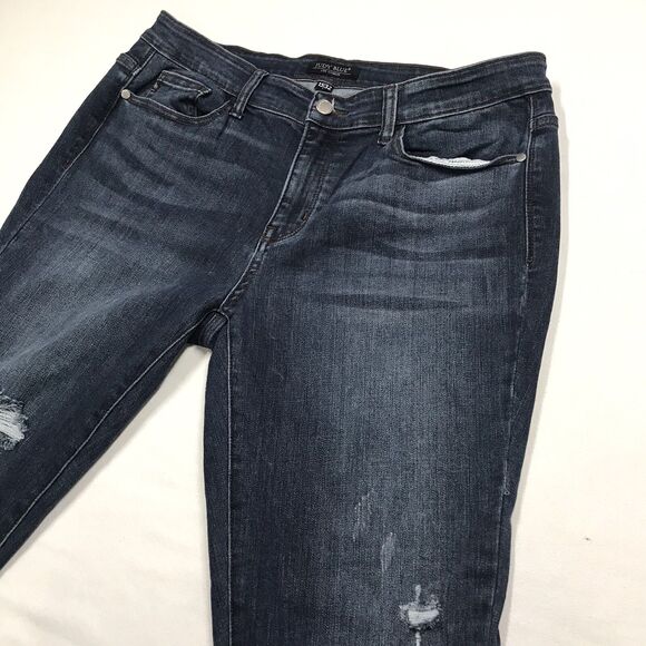 JUDY BLUE Skinny Jeans Women 34x28 Slim Fit Dark Wash Blue Distressed Fray Cuff - Picture 5 of 16